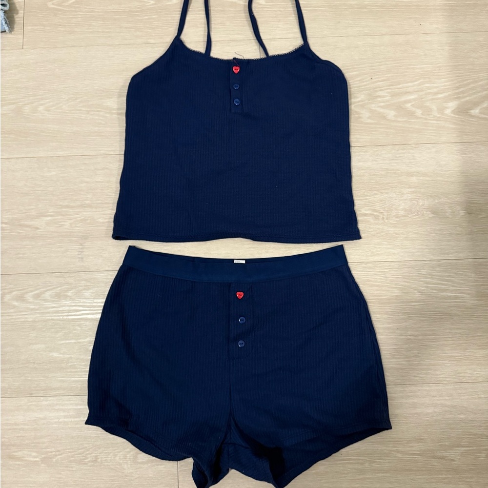 Blush Navy Blue Pajama Set with Red Accents